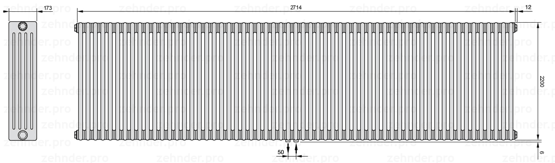 Схема (чертеж) Радиатор Zehnder Charleston 5220/59 №5410 Белый глянцевый RAL 9016